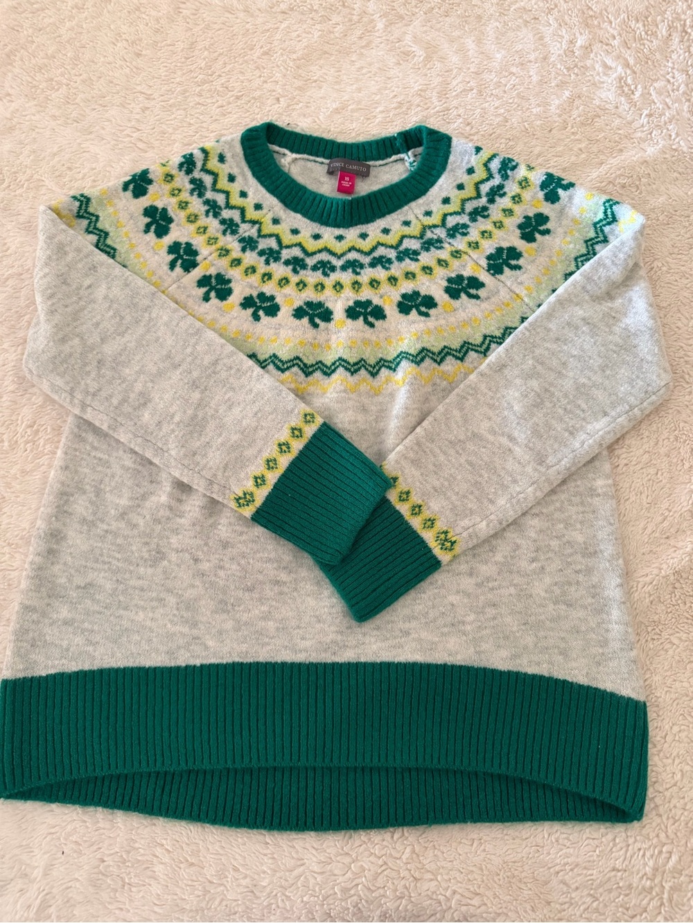 NWT Vince Camuto | Green and Yellow Fair Isle Yoke Sweater | Size XS | St Pattys